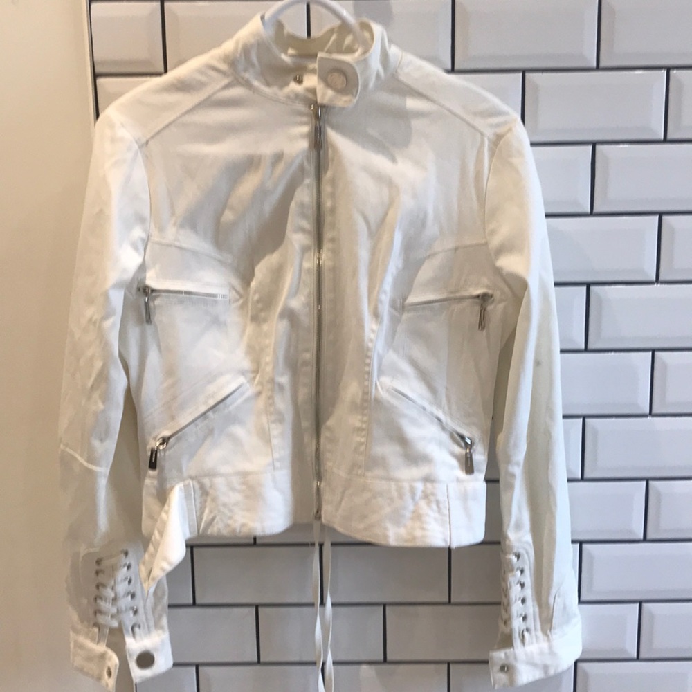 Nikibiki White biker jacket with zipper detail .